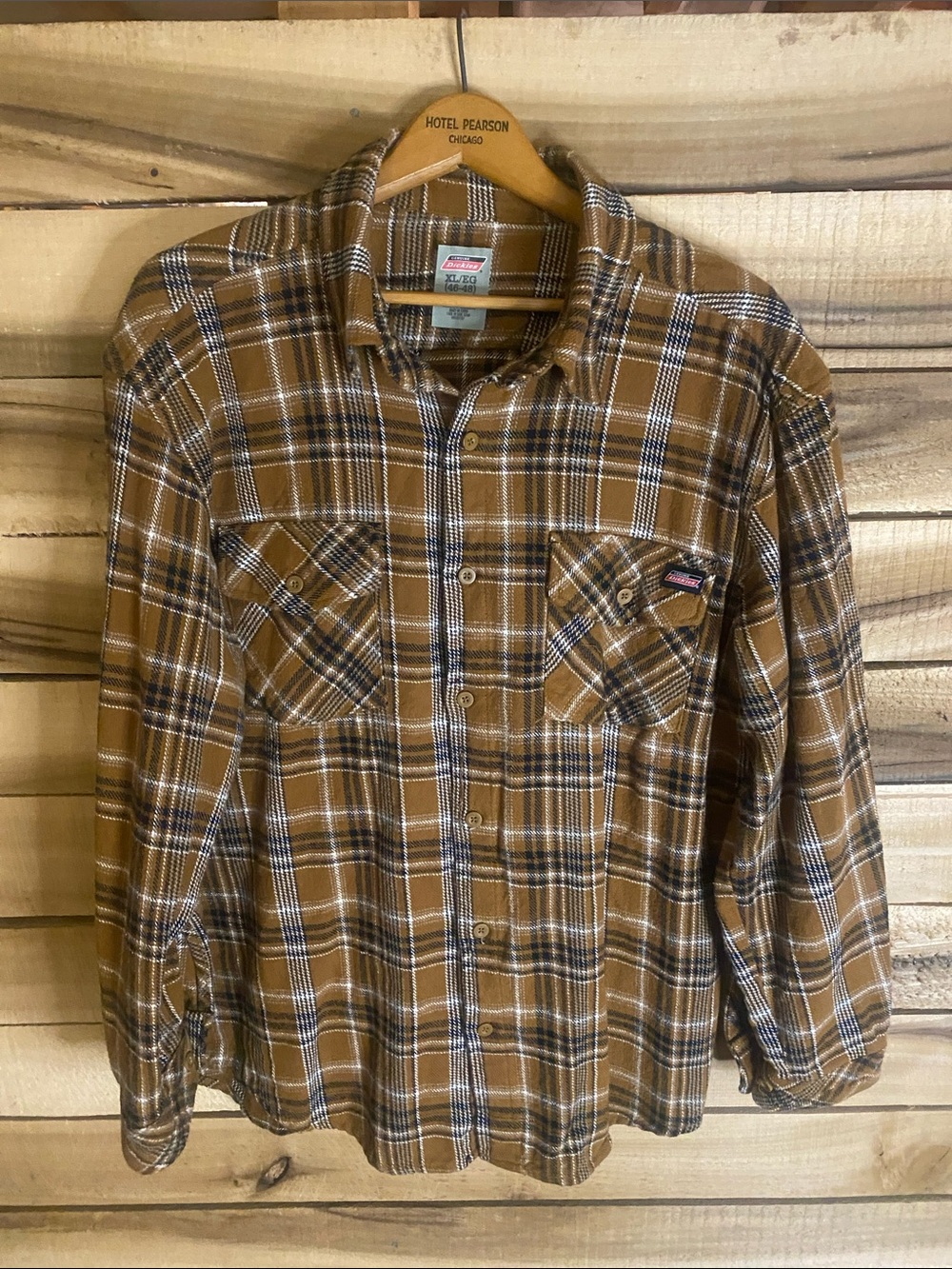 Dickies Tan Black and White Plaid Flannel Shirt size XL thick fabric